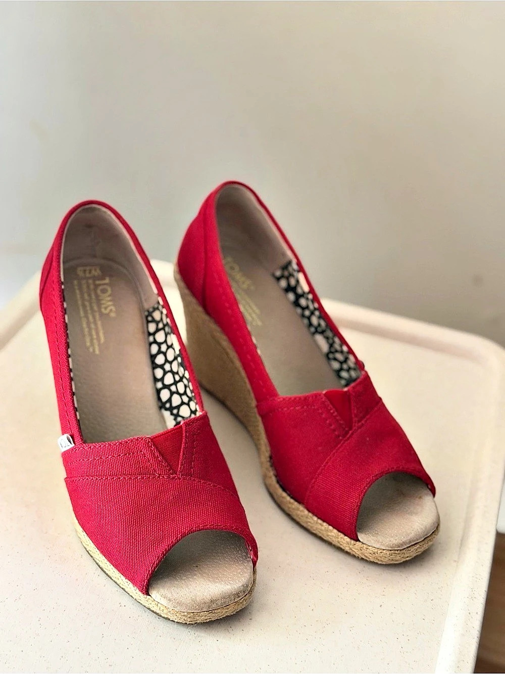 TOMS Red Canvas Peep Toe Wedge Espadrilles